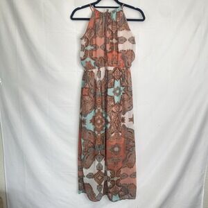 Sweet Storm Floral Maxi Long Summer Dress sz M Brown Peach Turquoise